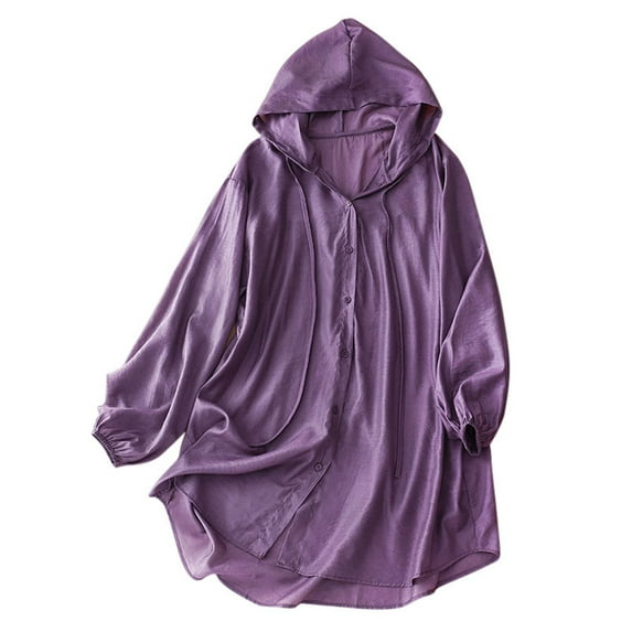 YUGYXL Women's Cotton Linen Sun Protection Shirts Hoodie Lightweight Swimsuit Beach Coverups Long Sleeve Hooded Button Shirts Purple XL