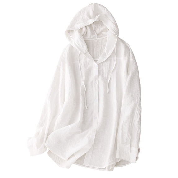 YUGYXL Women's Cotton Linen Sun Protection Shirts Hoodie Long Sleeve Botton Up Cardigan Lightweight Summer Beach Tops XXL White