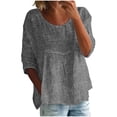thumbnail image 1 of YUGYXL Women's Cotton Linen Tshirts Three Quarter Sleeve Plaid Shirts Front Ruffle Lounge Crew Neck Lightweight Comfy Blouses Black XXL, 1 of 5