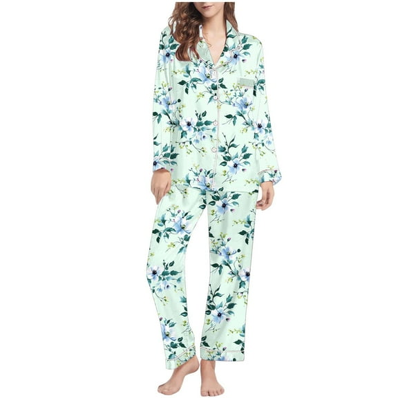 YUGYXL Women's Cotton Pajama Set Floral Printed Long Sleeve Button Down Shirt and Pants Matching Set Sleepwear Cute Pj Set E Blue S
