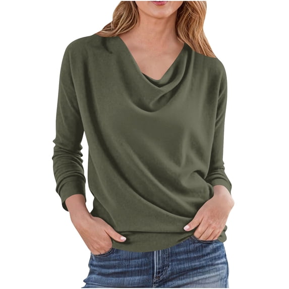 YUGYXL Women's Cowl Neck Ruched Tops Spring Fall Plus Size Long Sleeve Solid T Shirts Casual Shoulder Loose Blouses Army Green XL