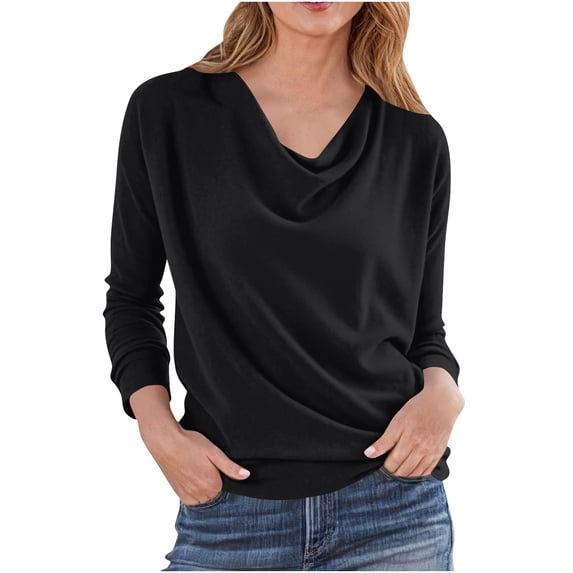 YUGYXL Women's Cowl Neck Ruched Tops Spring Fall Plus Size Long Sleeve Solid T Shirts Casual Shoulder Loose Blouses Black XXL