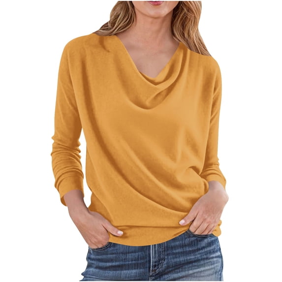 YUGYXL Women's Cowl Neck Ruched Tops Spring Fall Plus Size Long Sleeve Solid T Shirts Casual Shoulder Loose Blouses Yellow S