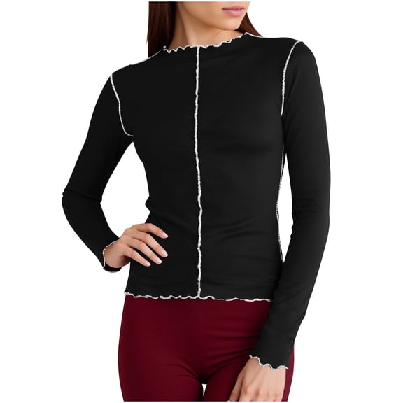 YUGYXL Women's Crewneck Long Sleeve Shirts Color Block Rolled Edges T-Shirts Slim Tees Basic Tops Black Sweatshirts M
