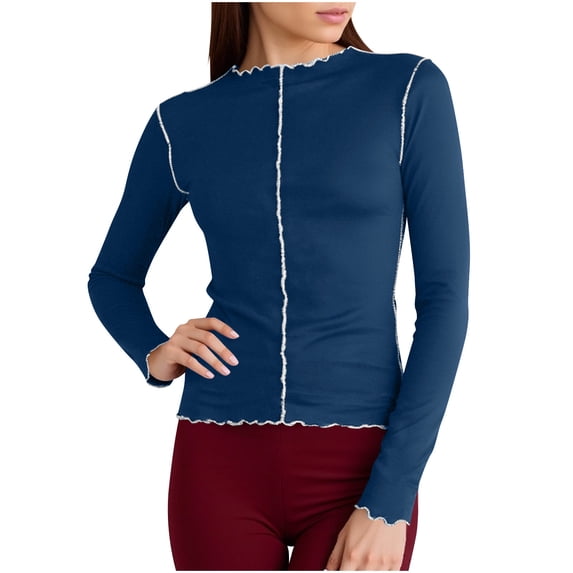 YUGYXL Women's Crewneck Long Sleeve Shirts Color Block Rolled Edges T-Shirts Slim Tees Basic Tops Blue Sweatshirts XXL