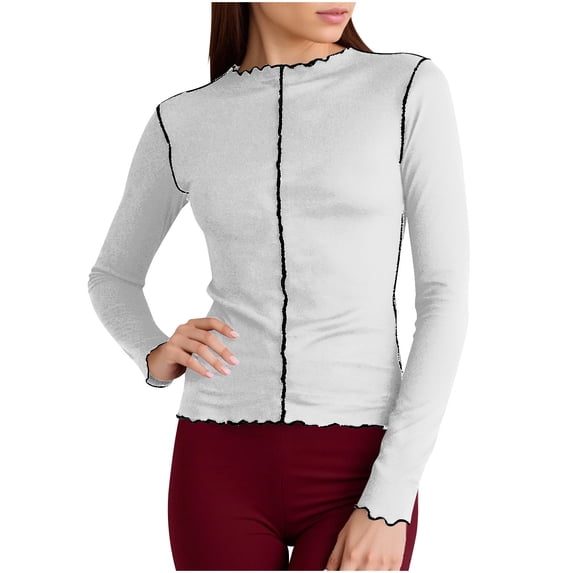 YUGYXL Women's Crewneck Long Sleeve Shirts Color Block Rolled Edges T-Shirts Slim Tees Basic Tops White Sweatshirts S