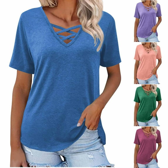 YUGYXL Women's Criss Cross Shirts Business Short Sleeve V Neck Tshirts Casual Blouses Summer Tees Vacation Tops Blue S