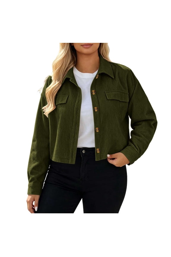 Women's Cropped Corduroy Shirt Shacket Fashion Button Down Cord Barrel Fall Jacket Long Sleeve Crop Outerwear Tops Army Green Jackets M