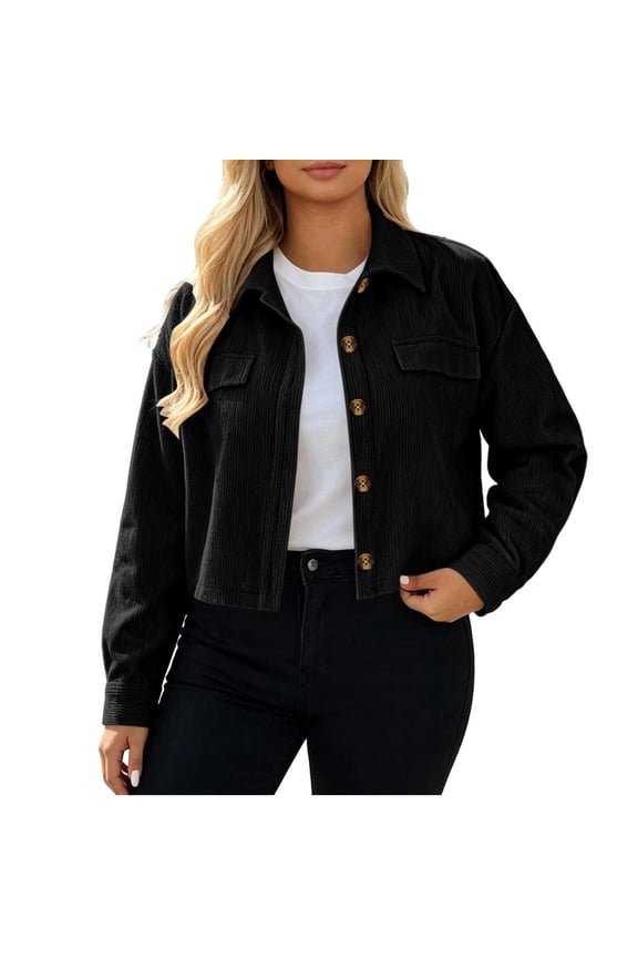 Women's Cropped Corduroy Shirt Shacket Fashion Button Down Cord Barrel Fall Jacket Long Sleeve Crop Outerwear Tops Black Jackets M