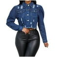 thumbnail image 1 of YUGYXL Women's Cropped Denim Jacket Lapel Puff Long Sleeve Distressed Ripped Short Jean Jacket Button Down Trucker Coat Dark Blue XXL, 1 of 9