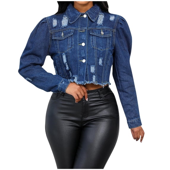 YUGYXL Women's Cropped Denim Jacket Lapel Puff Long Sleeve Distressed Ripped Short Jean Jacket Button Down Trucker Coat Dark Blue XXL