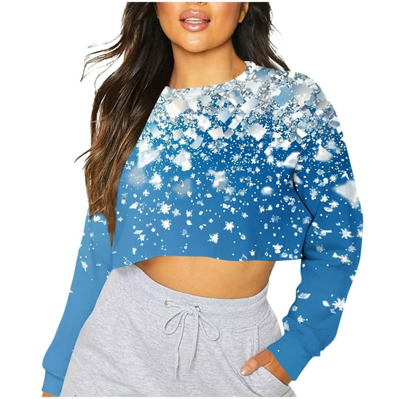 YUGYXL Women's Cropped Sweatshirt Drop Shoulders Long Sleeve Pullover Teen Girl Y2K Fall Clothes Fashion Print Blouses A Blue M