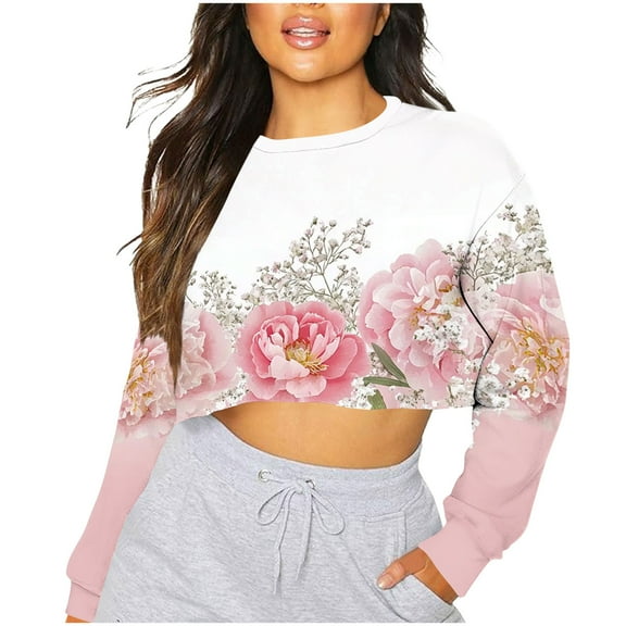 YUGYXL Women's Cropped Sweatshirt Drop Shoulders Long Sleeve Pullover Y2K Fall Clothes Fashion Print Blouses Pink S