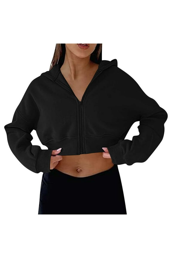 Women's Cropped Zip Up Hoodie Cute Workout Drawstring Hoodie Sweatshirt Jacket Casual Long Sleeve Coat Black S