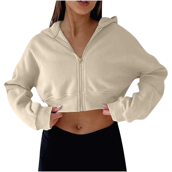 YUGYXL Women's Cropped Zip Up Hoodie Cute Workout Drawstring Hoodie Sweatshirt Jacket Casual Long Sleeve Coat Khaki S
