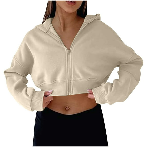 YUGYXL Women's Cropped Zip Up Hoodie Cute Workout Drawstring Hoodie Sweatshirt Jacket Casual Long Sleeve Coat Khaki XXL