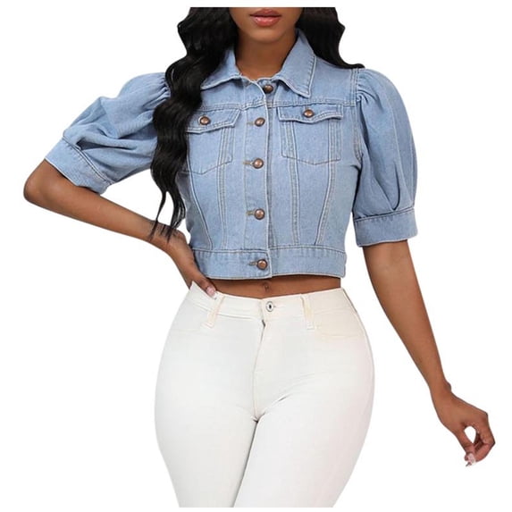 YUGYXL Women's Croppped Jean Jacket Puff Short Sleeve Button Down Denim Coat Crop Top Outerwear Light Blue L