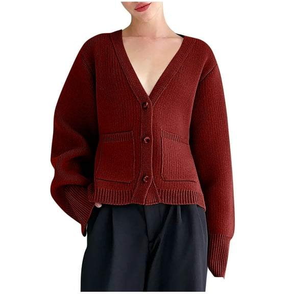 YUGYXL Women's Deep V Neck Cardigan Sweaters Open Front Button Down Long Sleeve Cropped Knit Coats with Pockets Red M