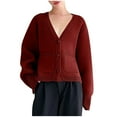 thumbnail image 1 of YUGYXL Women's Deep V Neck Cardigan Sweaters Open Front Button Down Long Sleeve Cropped Knit Coats with Pockets Red S, 1 of 4