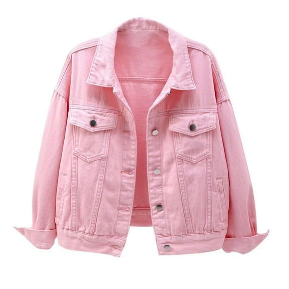 YUGYXL Women's Denim Cotton Button Closed Long Sleeve Solid Color Jacket with Pockets Pink L