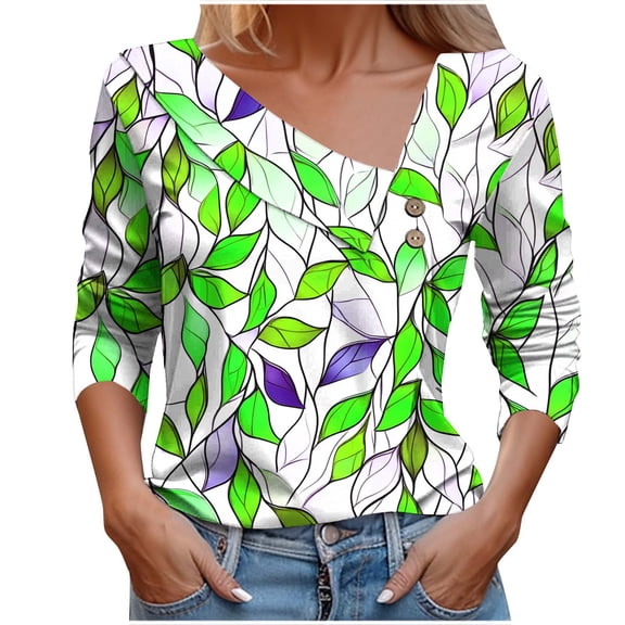 YUGYXL Women's Dressy Asymmetric Shirts V Neck Long Sleeve Tunic Tops Printed Casual Tee Trendy Button Spring Blouse Tshirts Green S