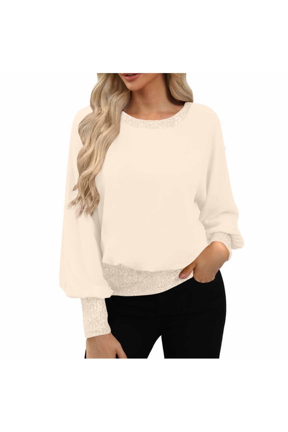 Women's Dressy Sequin Formal Top Long Sleeve Chiffon Shirt Blouses Beige L