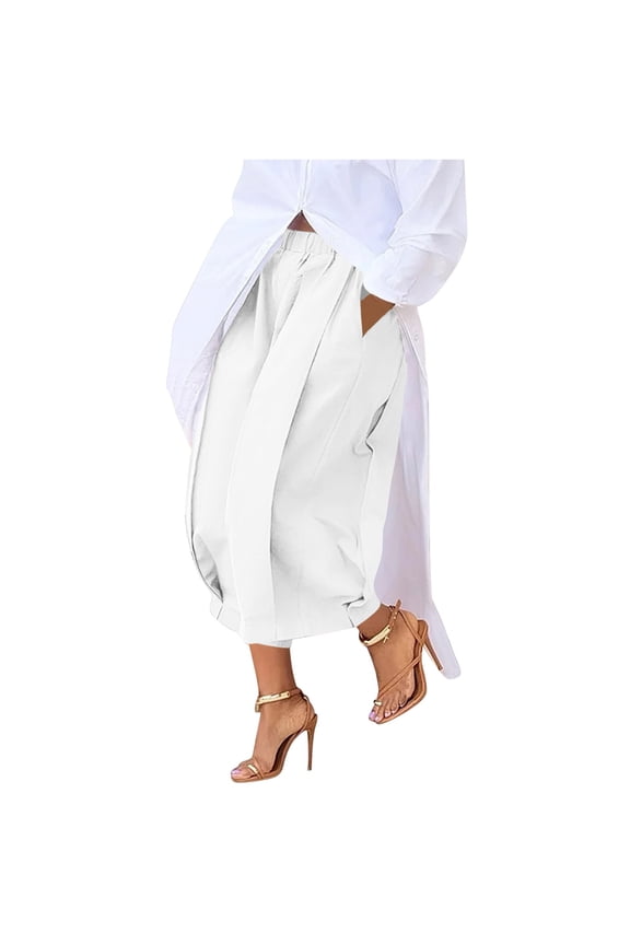 Women's Elastic Waist Ruffle Pants Wide Leg Pants Cropped Pants Capri Daily Solid Color Comfy Outdoor Pant White L