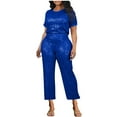 thumbnail image 1 of YUGYXL Women's Evening Sparkly Jumpsuits Off Shoulder Short Sleeve Party Sequins High Waisted Wide Leg Pants Suit Blue XXL, 1 of 4