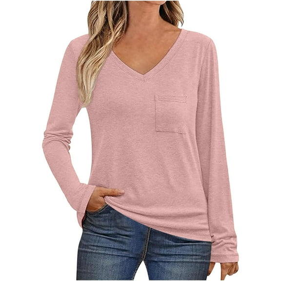 YUGYXL Women's Fall Long Sleeve Tops Casual Loose V Neck Tunic Tee Shirts with Pocket Pink XL