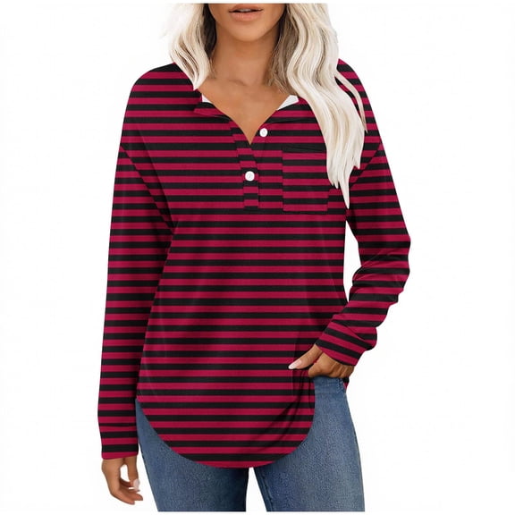 YUGYXL Women's Fall Long Sleeve Tops Trendy Casual Striped Loose Henley T-Shirts Going Out Longline Hem Tunic Blouse Wine XL