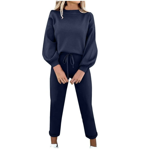 YUGYXL Women's Fall Sweatsuit Oversized Drop Shoulder Long Sleeve Casual Top and Drawstring Pants 2 Piece Lounge Sets Dark Blue M