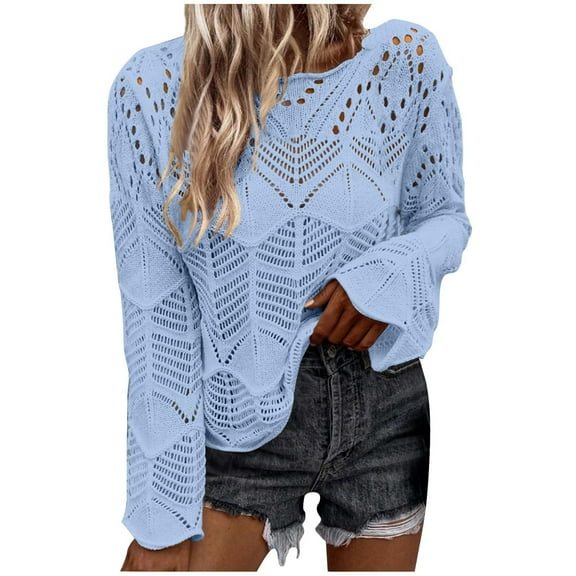 YUGYXL Women's Fall Winter Crochet Hollow Out Long Sleeve Pullover Sweater Off Shoulder T-Shirts Teen Girl Cropped Blouse Light Blue S