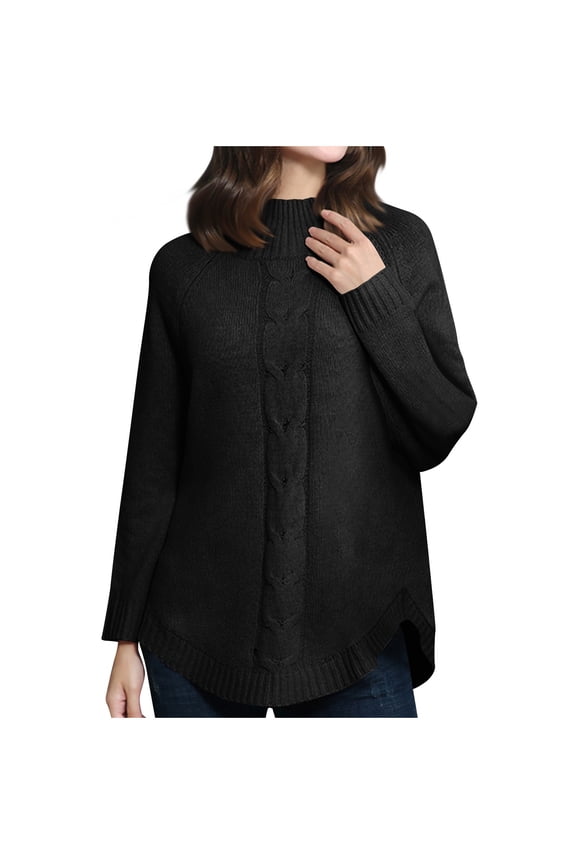 Women's Fall Winter Mock Neck Chunky Knit Sweater Loose Oversized Batwing Long Sleeve Pullover Jumpers Black L