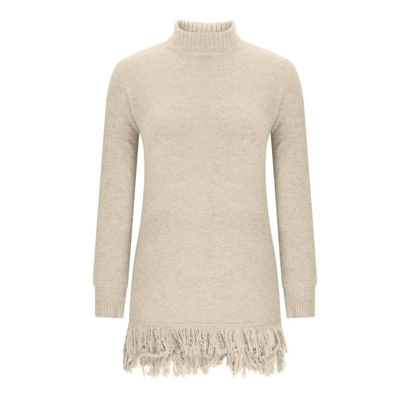 YUGYXL Women's Fall Winter Tassels Hem Turtleneck Sweater Dress Trendy Casual Bodycon Dresses Knitted Sweater Dress Beige M