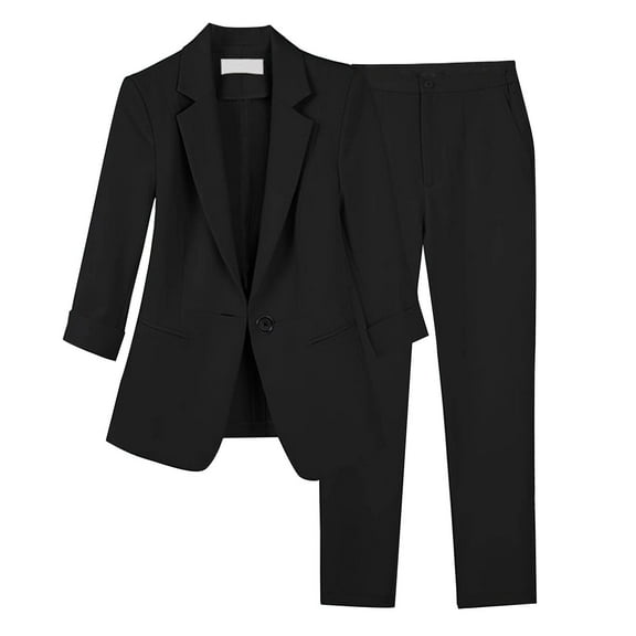 YUGYXL Women's Fashion Pants Suit 2 Piece Outfits Work Business Casual Button Lapel Open Front Blazer and Pants Pockets Sets Black XL