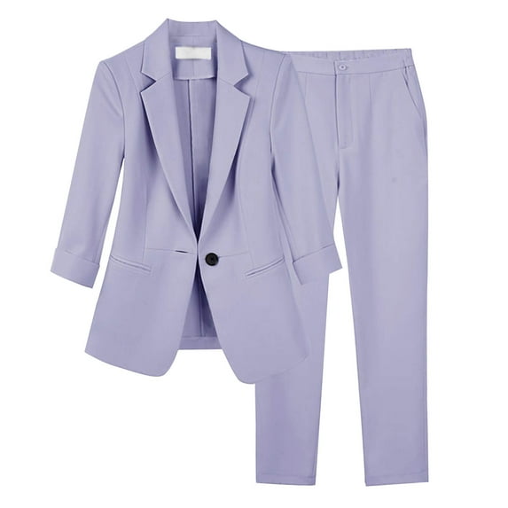 YUGYXL Women's Fashion Pants Suit 2 Piece Outfits Work Business Casual Button Lapel Open Front Blazer and Pants Pockets Sets Purple XXXL