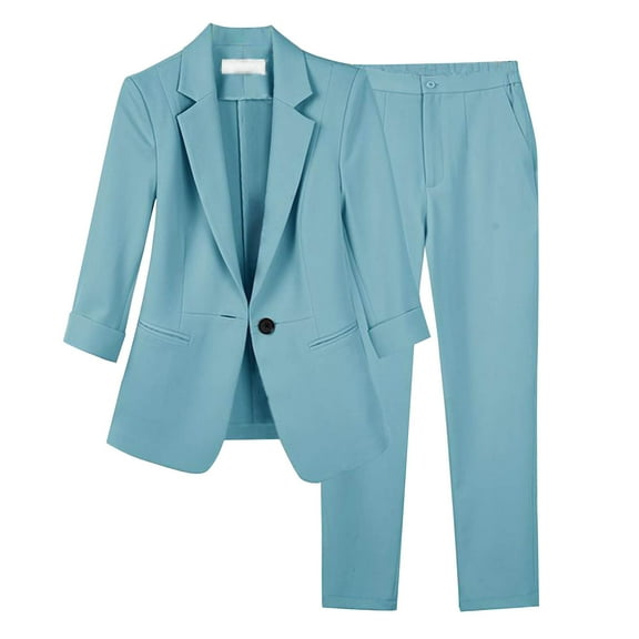 YUGYXL Women's Fashion Pants Suit 2 Piece Outfits Work Business Casual Button Lapel Open Front Blazer and Pants Pockets Sets Sky Blue XL