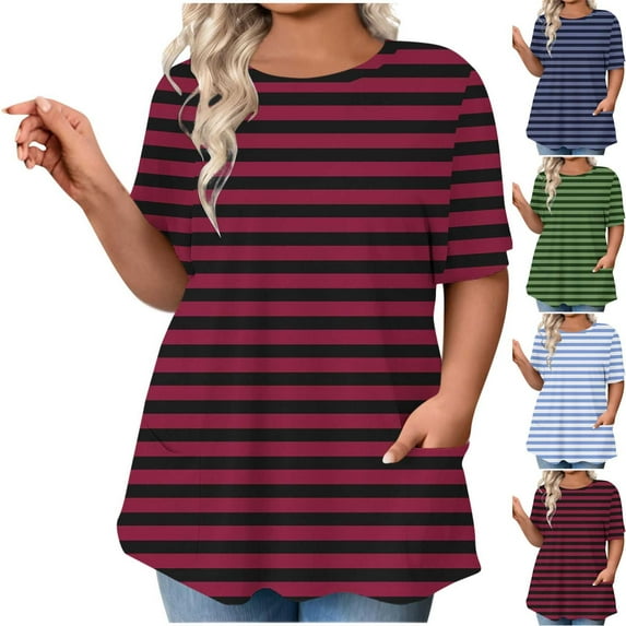 YUGYXL Women's Fashion Striped Shirts Summer Short Sleeve Tshirts Oversized Plus Size Tops Loose Fit Crew Neck Blouses Dark Blue L