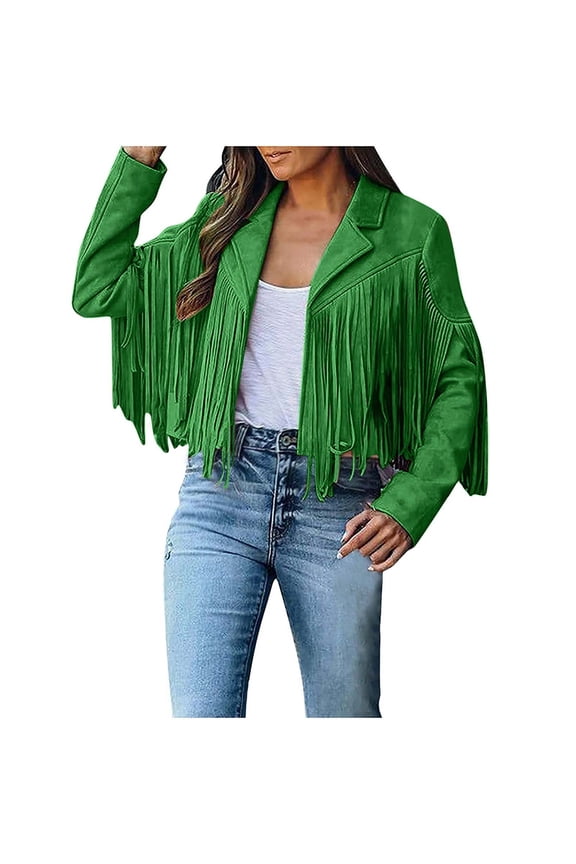 Women's Faux Suede Fringe Jacket Western Tassel Cropped Jacket Long Sleeve Lapel Neck Coat Outwear for Motocycle Biker Green XXL