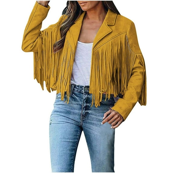YUGYXL Women's Faux Suede Fringe Jacket Western Tassel Cropped Jacket Long Sleeve Lapel Neck Coat Outwear for Motocycle Biker Yellow L