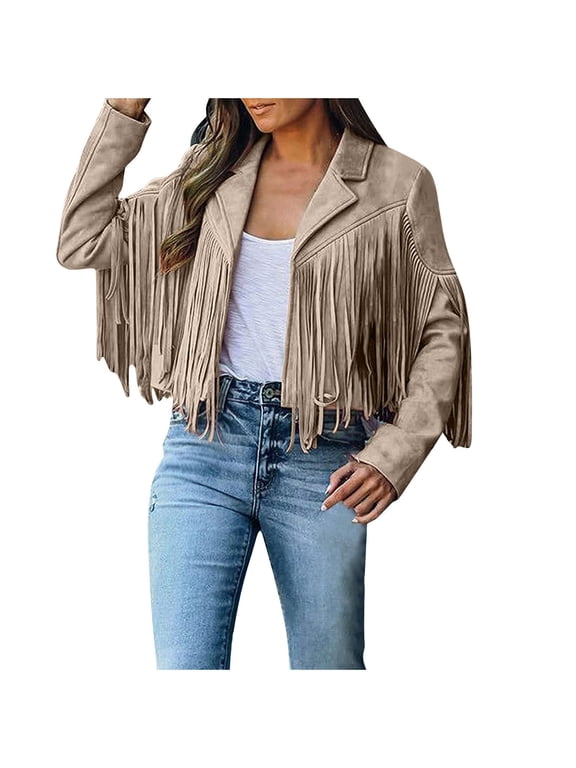 Women's Faux Suede Leather Fringe Jacket Cowgirl Crop Motor Biker Jackets Open Front Tassel Coat Tops Trendy Khaki XXL