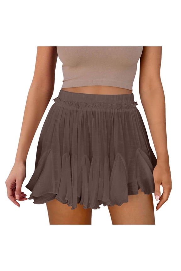 Women's Flowy Shorts Casual Linen Boho Ruffle Mini Skirts Pleated High Waist Cute Butterfly Skorts with Pockets Summer Trendy Brown M