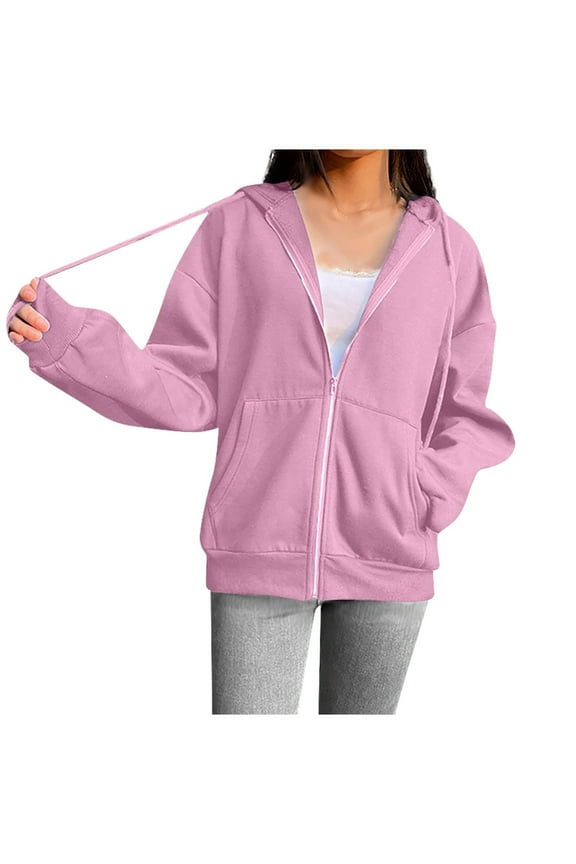 Women's Full Zip Up Hoodie Loose Fit Thin Fleece Long Sleeve Hooded Sweatshirts Pockets Jacket Coat with Drawstring Casual Solid Color Plus Size Fall Streetwear Today Pink,XXXL