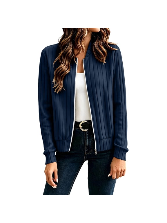 Women's Full Zip Up Cardigan Sweater Ribbed Zip Up Jacket Fall Tops Lightweight Spring Coat Casual Trendy Jackets Navy Jackets XL