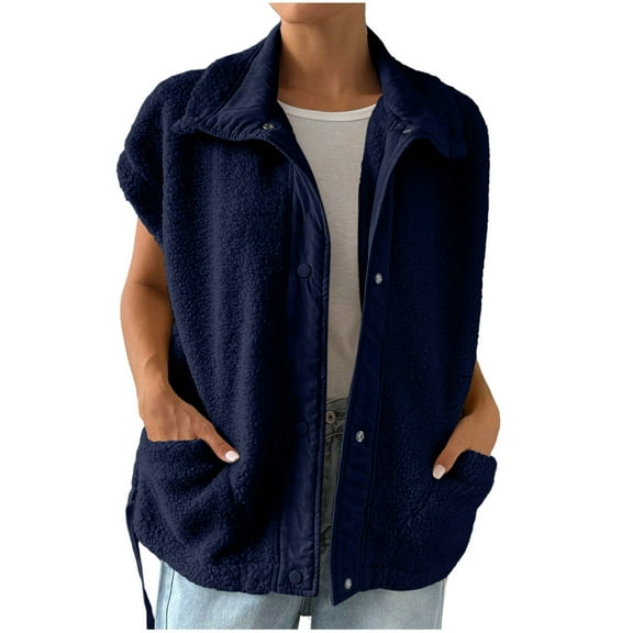 YUGYXL Women's Fuzzy Fleece Vest Oversized Sleeveless Sherpa Jacket Warm Button Down Gilet Outerwear with Pockets Navy XXL