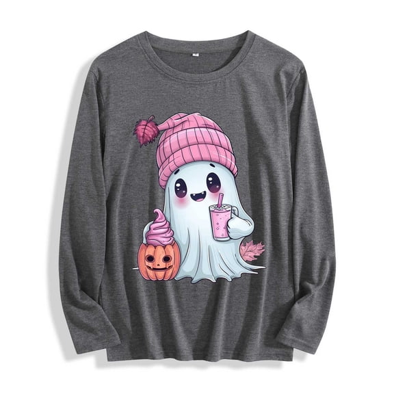 YUGYXL Women's Ghost Funny Shirts Long Sleeve Crewneck Loose Comfy Cute Tops Halloween Holiday Casual Pullover Sweatshirt Gray L