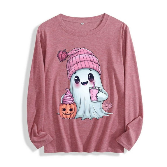 YUGYXL Women's Ghost Funny Shirts Long Sleeve Crewneck Loose Comfy Cute Tops Halloween Holiday Casual Pullover Sweatshirt Purple S