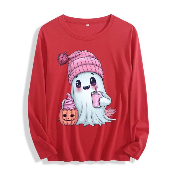 YUGYXL Women's Ghost Funny Shirts Long Sleeve Crewneck Loose Comfy Cute Tops Halloween Holiday Casual Pullover Sweatshirt Red L