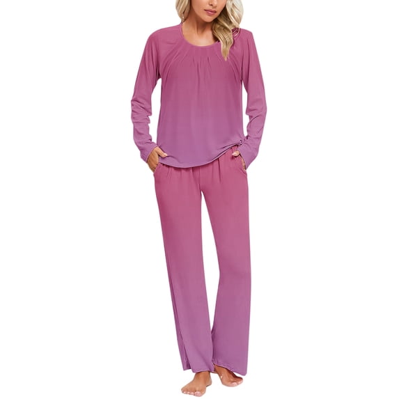 YUGYXL Women's Gradient Pajama Set 2 Piece Loose Fit Sleepwear Long Sleeve Nightwear Set Soft Comfy Loungewear With Pockets Hot Pink XL