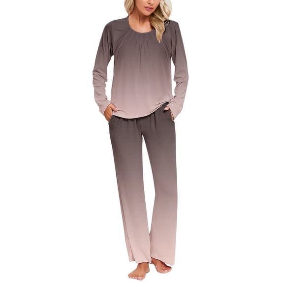 YUGYXL Women's Gradient Pajama Set 2 Piece Loose Fit Sleepwear Long Sleeve Nightwear Set Soft Comfy Loungewear With Pockets Rose Gold XXXL